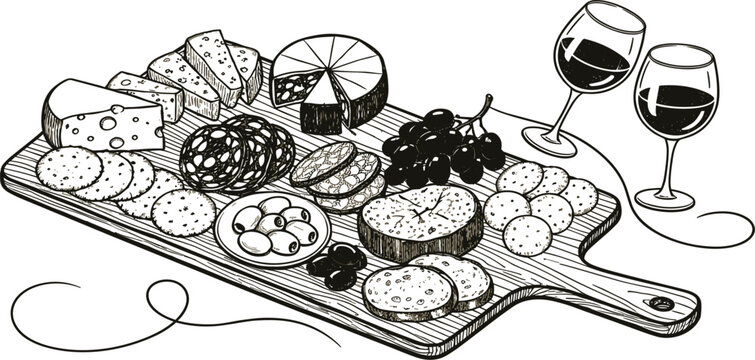 Cheese and Wine Charcuterie Board Line Art Illustration with Snacks Grapes Crackers and Gourmet Appetizer Platter for Restaurant Menu Design