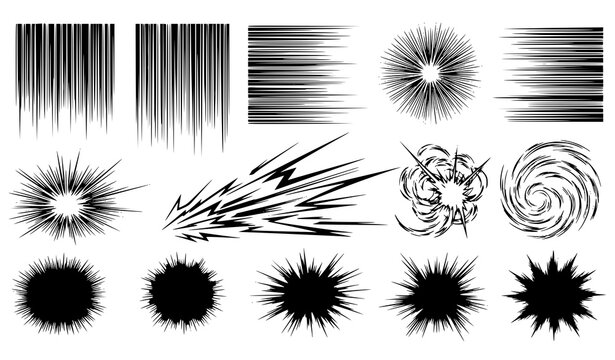 Manga comic motion line and anime explosion vector set