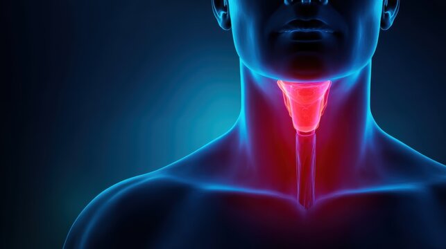 3D rendering of the human larynx and trachea, glowing red and blue