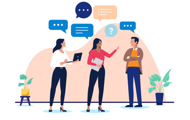 Group of diverse business professionals having a conversation with speech bubbles representing ideas, feedback and brainstorming in a modern office, flat design vector illustration