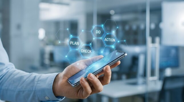 Futuristic Business Strategy Planning with Mobile Technology Interface.