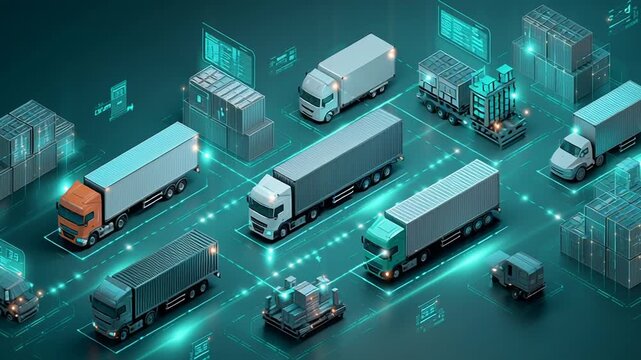 futuristic logistics supply chain digital concept, integrated data and cargo movement, clean and informative composition for commercial articles, high resolution, glowing holographic interface, global