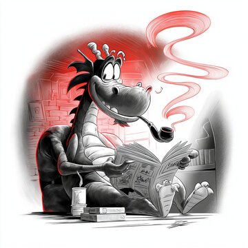 Stilisierter Cartoon-Drache sitzt im Scheinwerferlicht, liest eine Zeitung und bl&auml;st Rauchkringel in die Luft. Der Stubenhocker