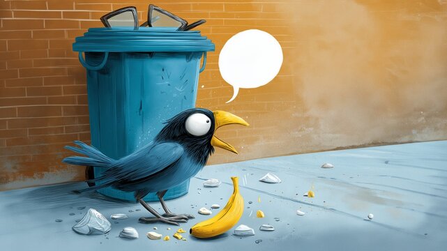 Stilisierte schwarze Kr&auml;he steht neben einem blauen M&uuml;lleimer mit Bananenschale am Boden und einer leeren Sprechblase