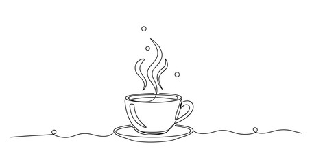 Minimalist line art of steaming coffee cup with saucer and doodle elements. None editable stroke