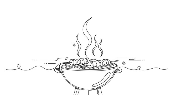 Skewered kebabs grilling on backyard bbq with smoke rising in line art style. None editable stroke
