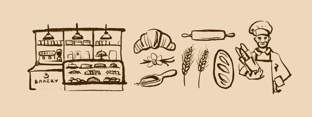 Doodle baking set with chef, ingredients and tools in sketch style. Vintage culinary process, cozy kitchen, bakery branding. Hand drawn vector illustration