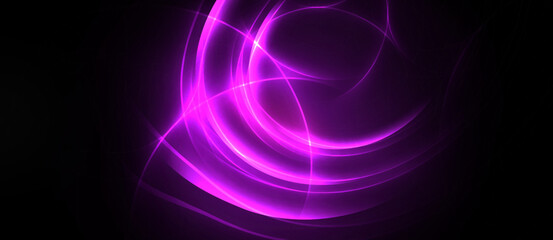 Obraz premium Abstract purple light curves radiate from center. Dark background emphasizes glowing lines, creating dynamic visual effect.