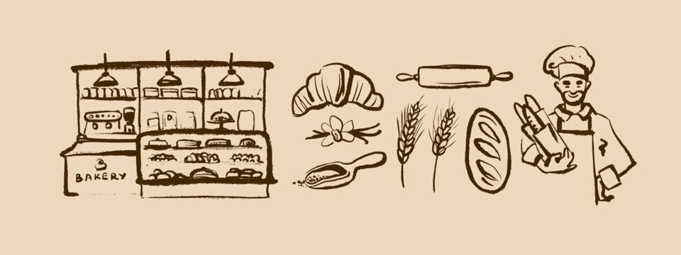 Doodle baking set with chef, ingredients and tools in sketch style. Vintage culinary process, cozy kitchen, bakery branding. Hand drawn vector illustration