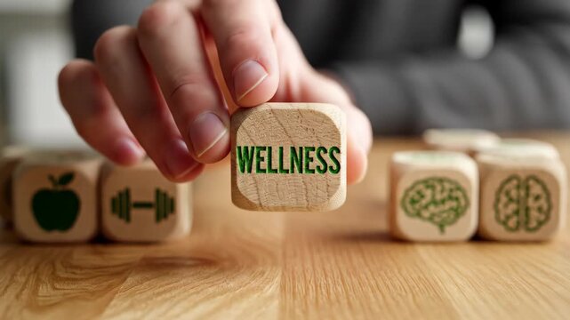 Hand selecting a wooden block labeled wellness among blocks showing icons for nutrition apple, fitness dumbbell, and mental health brain for holistic health concept