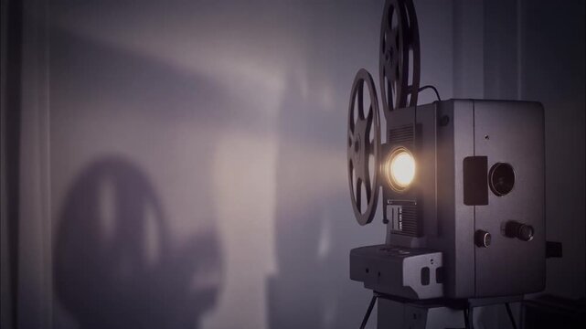 ヴィンテージの映写機が壁に光を映し出すシネマティックでノスタルジックな背景映像