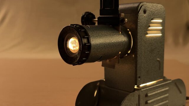 A vintage metal filmstrip projector shines a warm light through its lens. The internal bulb glows intensely, emitting a steady low-frequency electrical hum.