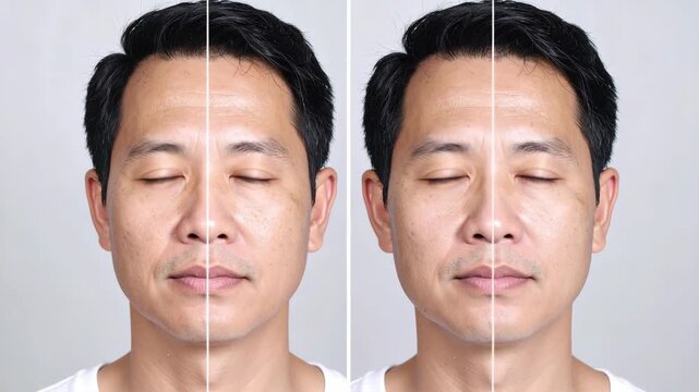Split image split face showing aging effects on skin compared to smoother skin