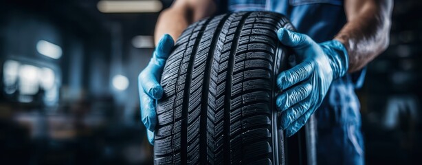 The Tire Being Inspected by Mechanic Wearing Blue Gloves in Garage
