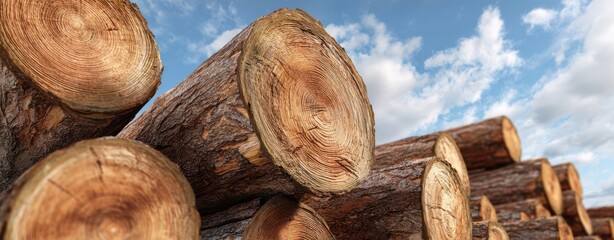 The Logs Stacked in a Rustic Timber Pile Under a Blue Cloudy Sky