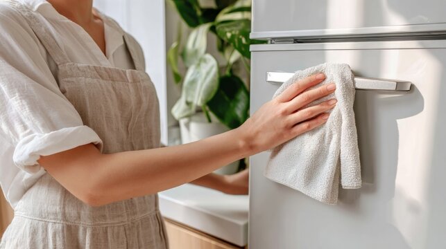 Woman cleaning refrigerator handle with a white cloth. Daily home chore concept. Housekeeping, hygiene, and cleanliness background.