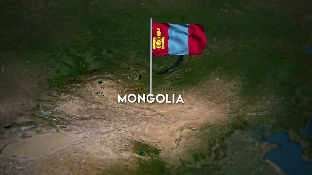 The Flag of Mongolia on the World Map, the Mongolia flag waving on the 3d map animation 4K