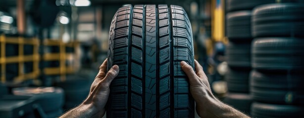 The Tire Held by Mechanic Hands in a Busy Automotive Workshop