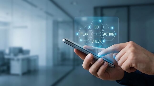 Business professional using smartphone with digital interface of PDCA cycle.