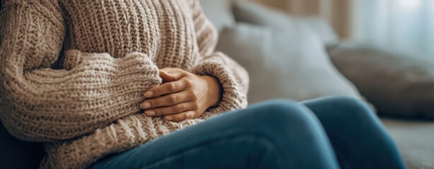 The person in cozy sweater clutching stomach on couch showing discomfort at home