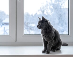 Gray cat sits on windowsill looking out at snowy winter scenery