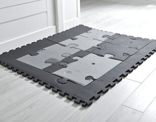 Gray interlocking foam puzzle mat placed on light wooden flooring