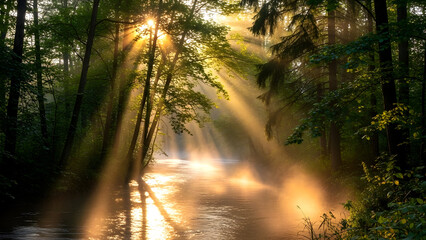 Obraz premium Sunbeams piercing through a misty forest canopy, illuminating a tranquil stream and creating a magical, ethereal atmosphere.