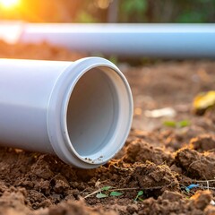 Gray plastic pipe on brown earth under bright sunlit environment