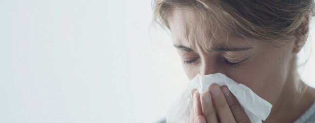 The Woman Blowing Her Nose With Tissue In Soft Natural Light Feeling Unwell