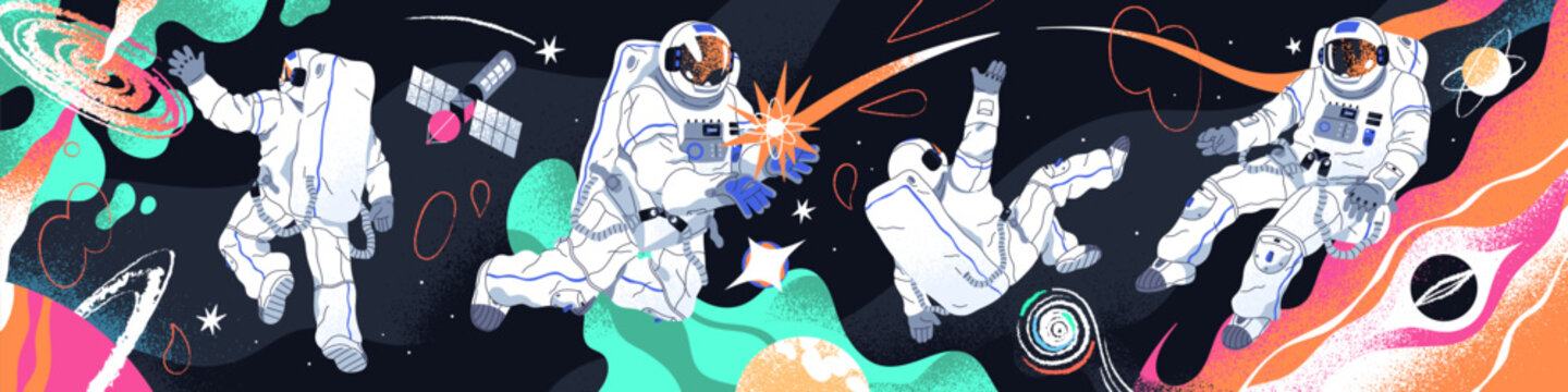 Astronauts are in outer space banner. Spacemen are flying in endless cosmos, interstellar travel. People in spacesuit fly in galaxy, universe. Cosmonauts are spacewalking. Flat vector illustration