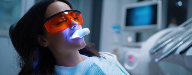 The Patient Undergoing LED Teeth Whitening Treatment in Modern Dental Clinic