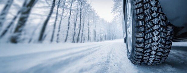 The car tire gripping a snow covered road during icy winter driving conditions