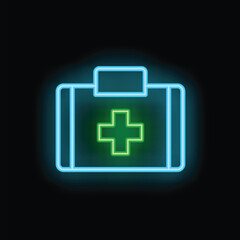 Obraz premium Glowing neon green medical cross inside a blue first aid kit on a black background