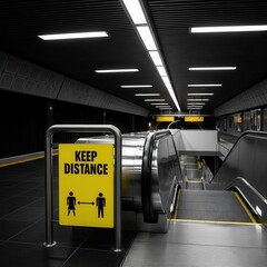 Fototapeta premium Maintaining Social Distancing: Escalator View with Caution Sign in Modern Transit System