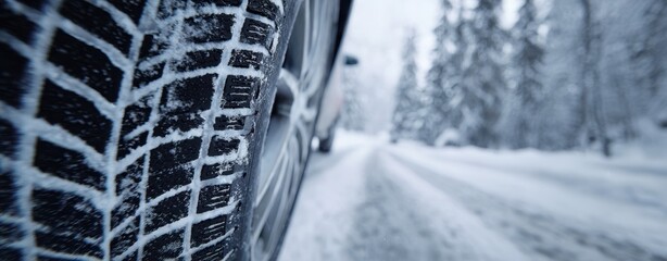 The Car Tire on a Snow-Covered Road Through a Winter Forest