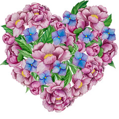Obraz premium A heart made of a multitude of leaves and colorful flowers on a white background - Valentine's Day - Lovers' Day - Spring is coming