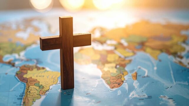 Wooden Christian cross placed on a world map, symbolizing global faith and mission