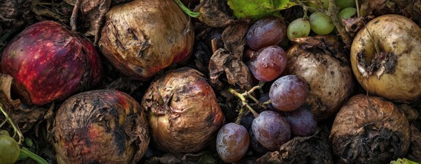 The Rotting Fruit Pile with Decaying Apples and Grapes in Closeup