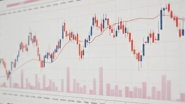 Candlestick chart with a moving average and volume bars on a white background