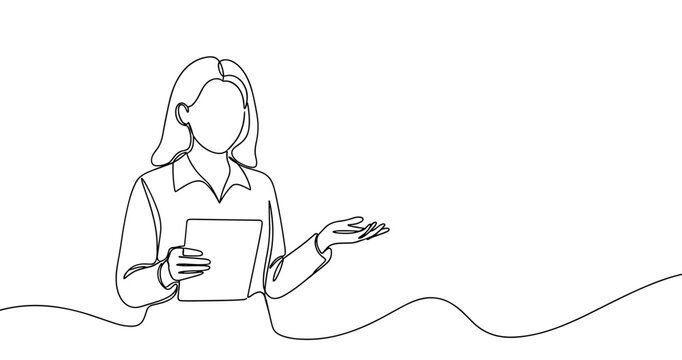 Female presenter with tablet illustration in minimalist line art style. No editable stroke