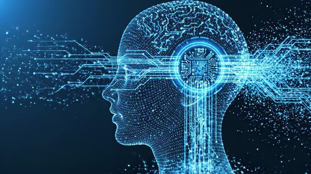 Digital human head profile with circuitry and data flow, representing artificial intelligence and technology