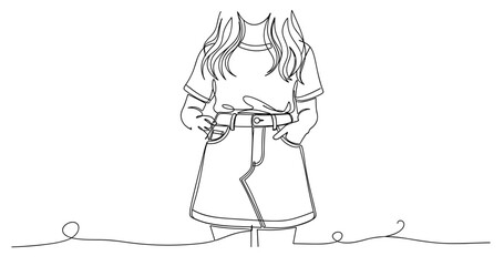 Fototapeta premium Line drawing of young female in casual outfit with skirt and t-shirt. Non editable stroke