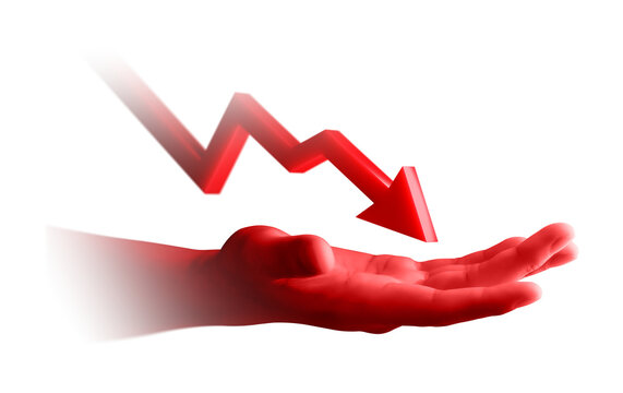 Financial crisis concept with red arrow down decrease symbol falling into hand