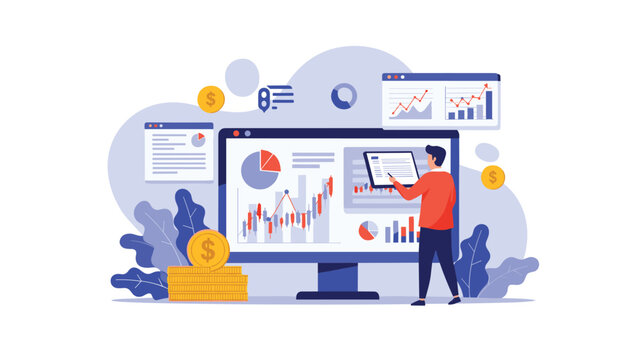 Financial analyst tracking market trends and stock prices on a giant monitor to make informed investment decisions for clients.