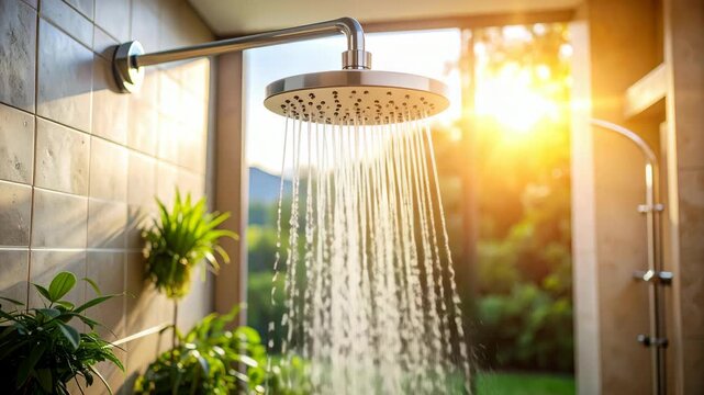 Outdoor shower with flowing water and bright sunlight streaming through greenery