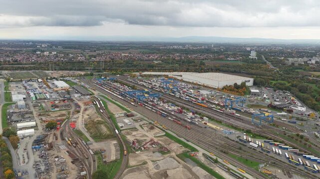 Aerial view of an industrial cargo train terminal and logistics hub in germany