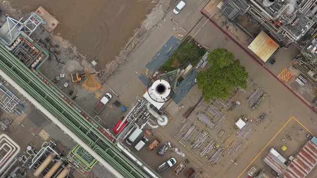 Aerial top down view of flooded industrial factory plant