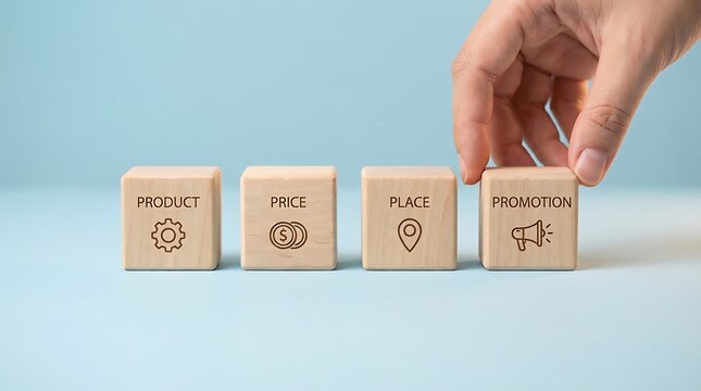 Hand arranging wooden blocks with marketing mix 4Ps concept.