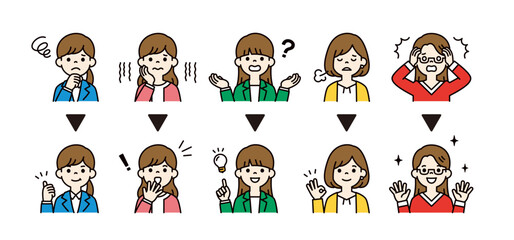 困る・問題が解決する、若いビジネスウーマンの表情 ・ポーズのアイコンイラスト素材セット