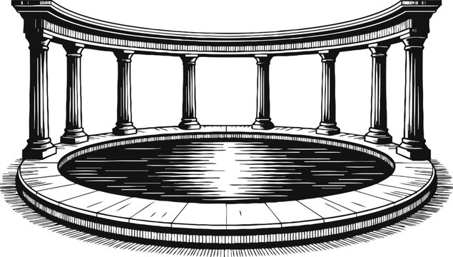 Classical round pool surrounded by curved colonnade with columns and water reflection